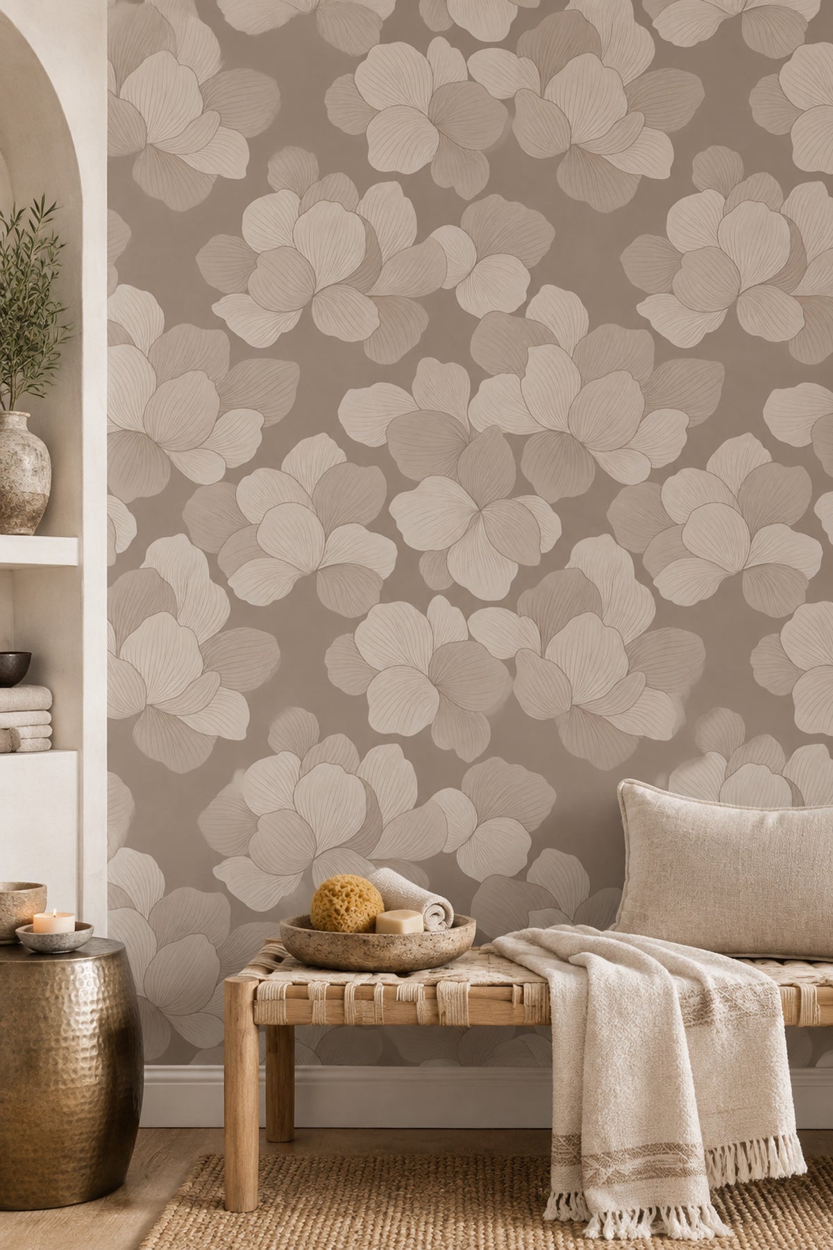 Large Floral Wallpaper Beige Taupe Line Art Petals