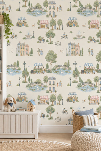 Parisian Street Scene Wallpaper Watercolor Cream Background