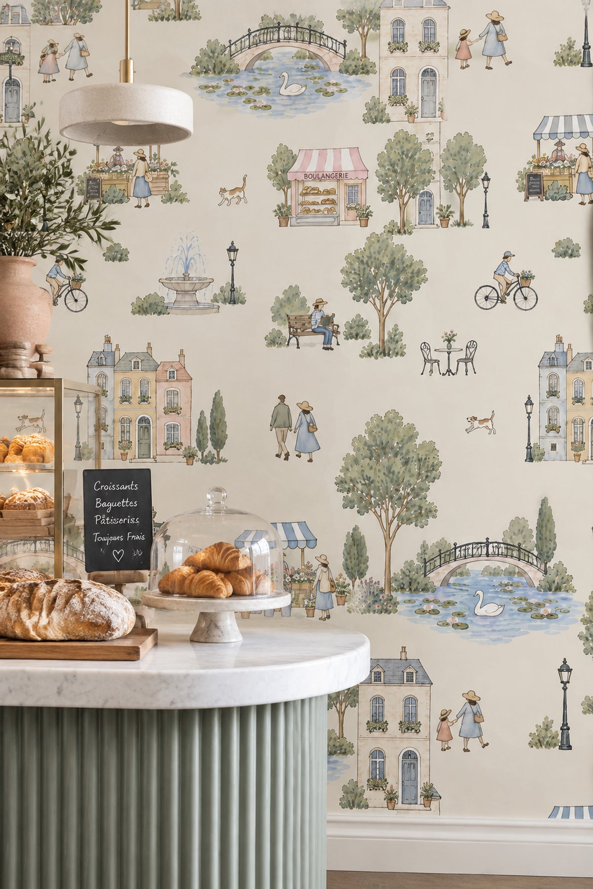 Parisian Street Scene Wallpaper Watercolor Cream Background