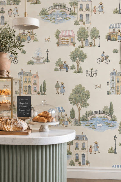 Parisian Street Scene Wallpaper Watercolor Cream Background