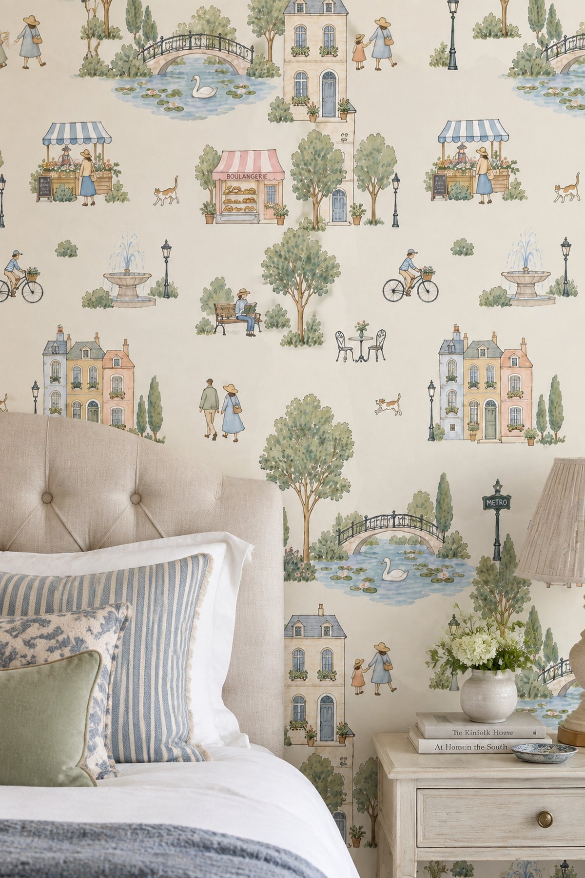 Parisian Street Scene Wallpaper Watercolor Cream Background