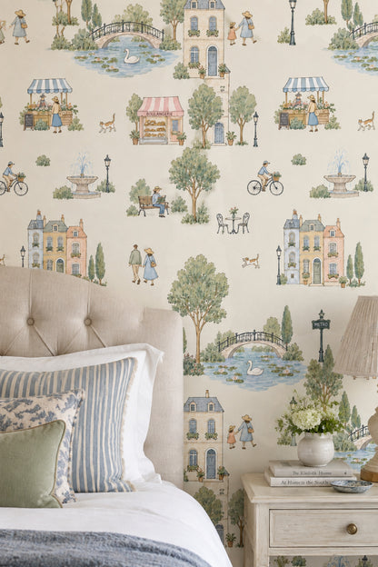 Parisian Street Scene Wallpaper Watercolor Cream Background