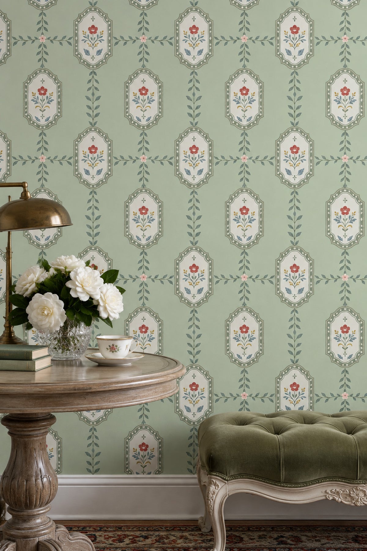 Floral Frame Wallpaper Muted Green Vintage Stripe