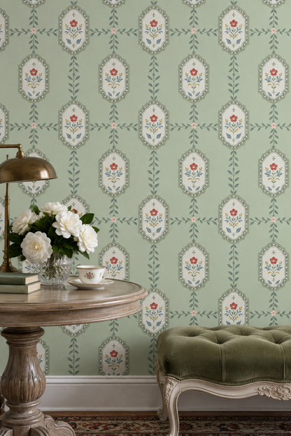 Floral Frame Wallpaper Muted Green Vintage Stripe