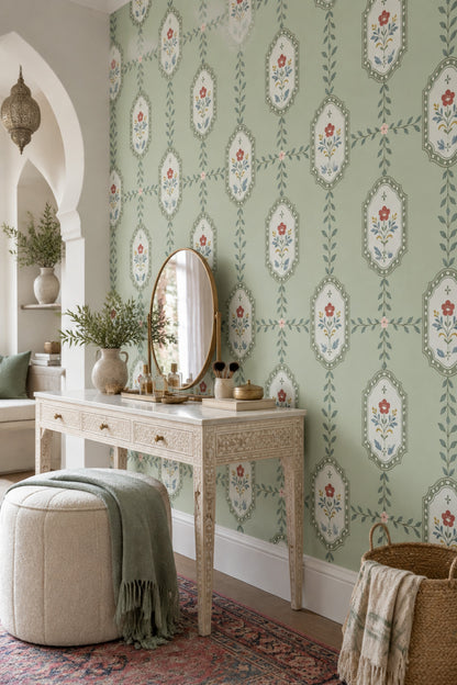 Floral Frame Wallpaper Muted Green Vintage Stripe