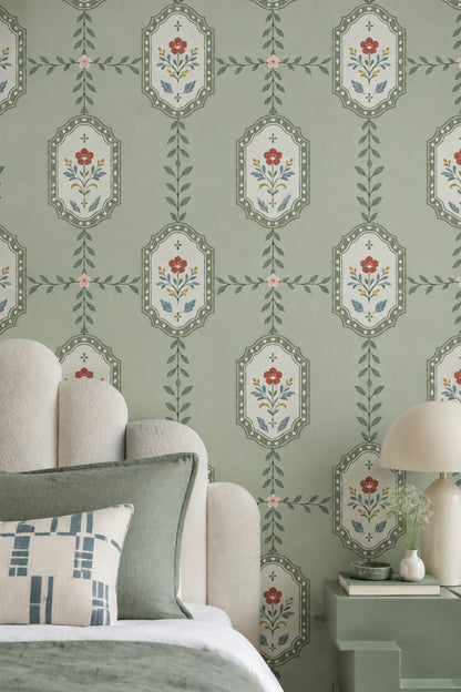 Floral Frame Wallpaper Muted Green Vintage Stripe