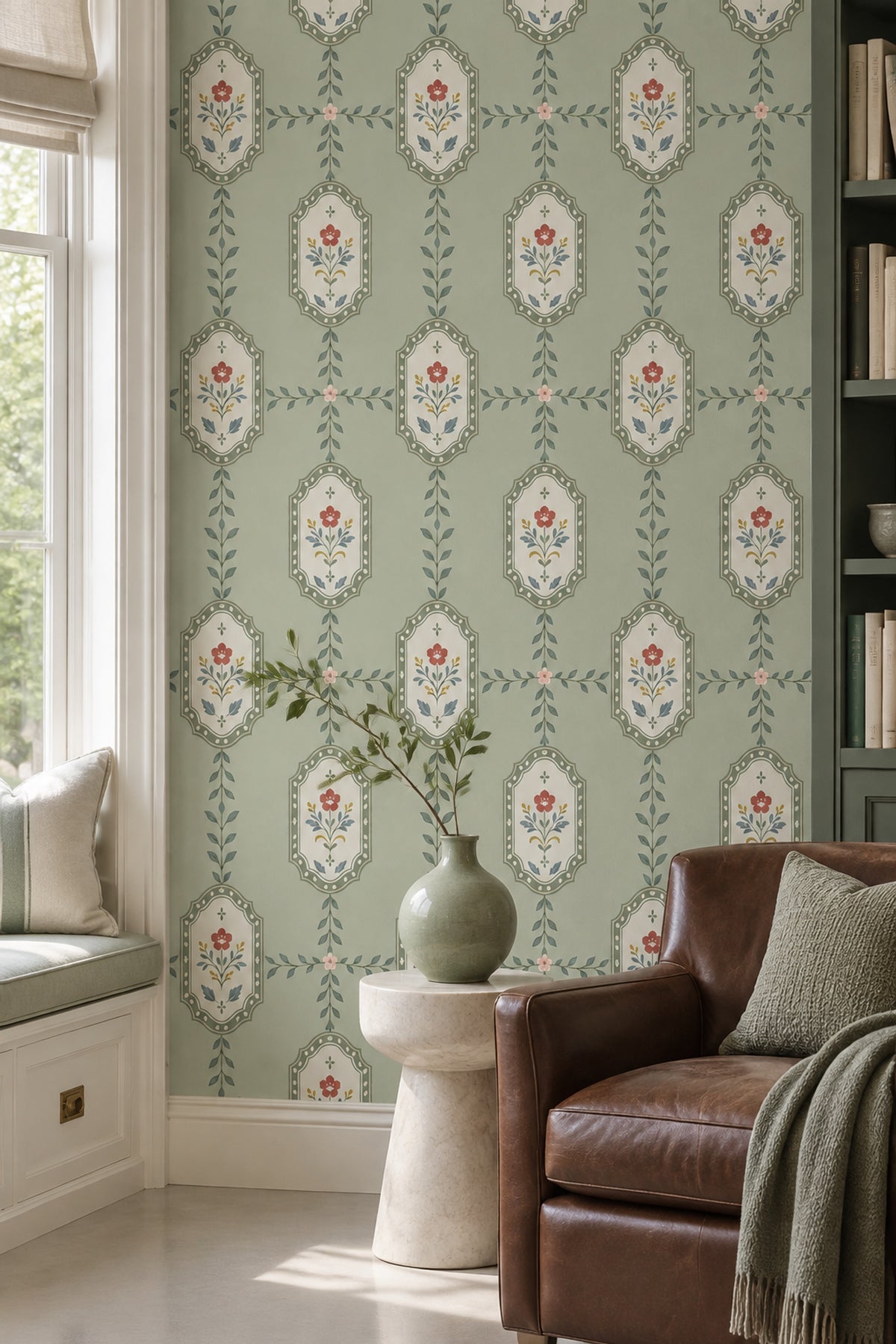 Floral Frame Wallpaper Muted Green Vintage Stripe