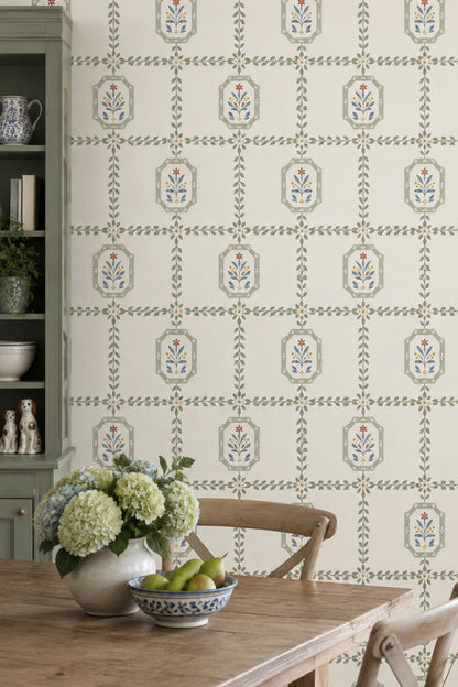 Floral Trellis Wallpaper Cream Background Folk
