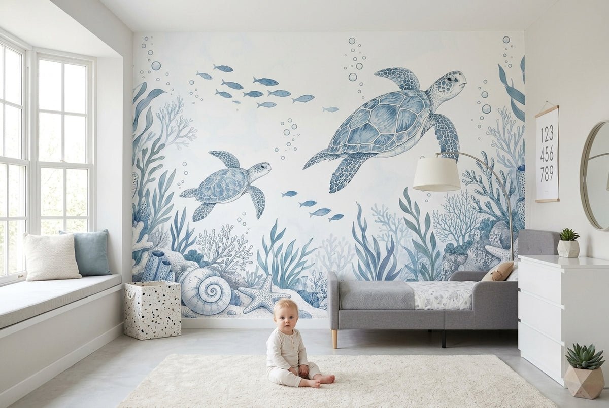 Sea Turtles Wallpaper Blue Watercolor Ocean Wall Mural