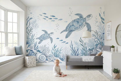 Sea Turtles Wallpaper Blue Watercolor Ocean Wall Mural