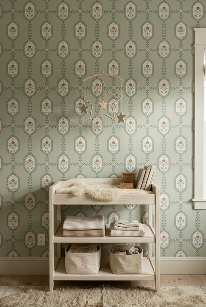 Floral Frame Wallpaper Muted Green Vintage Stripe