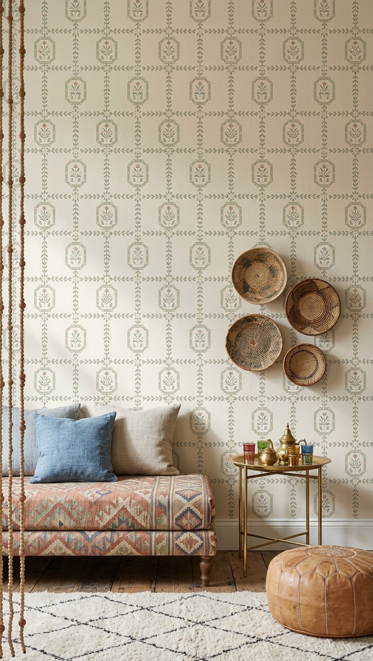 Floral Trellis Wallpaper Cream Background Folk