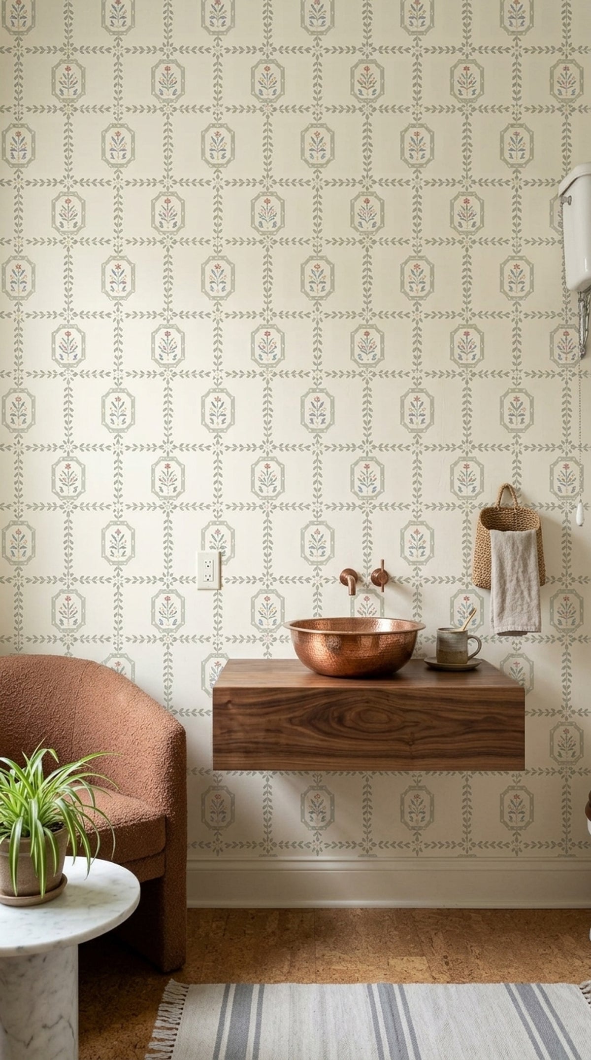 Floral Trellis Wallpaper Cream Background Folk