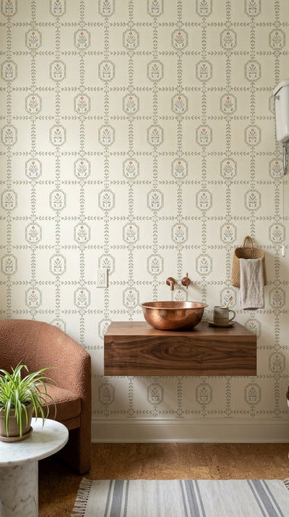 Floral Trellis Wallpaper Cream Background Folk