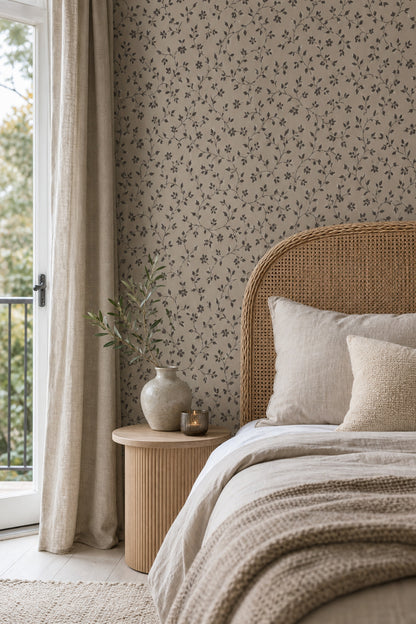 Vine Scroll Floral Wallpaper Dark Beige And Brown Pattern