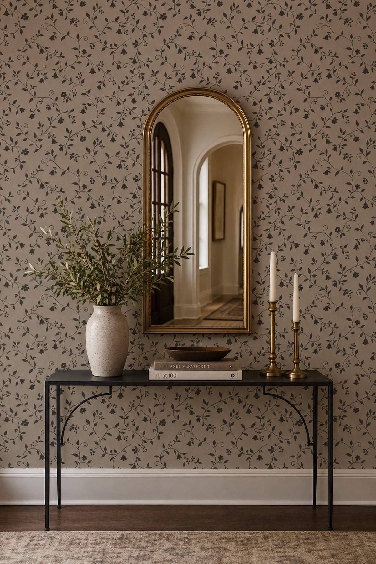 Vine Scroll Floral Wallpaper Dark Beige And Brown Pattern