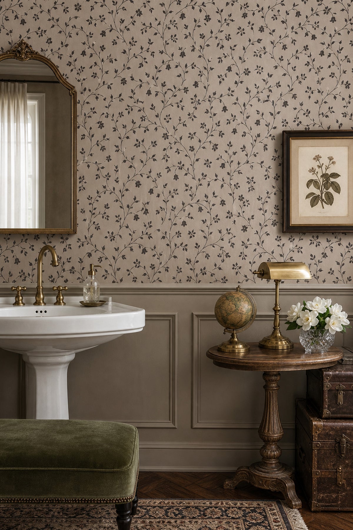 Vine Scroll Floral Wallpaper Dark Beige And Brown Pattern
