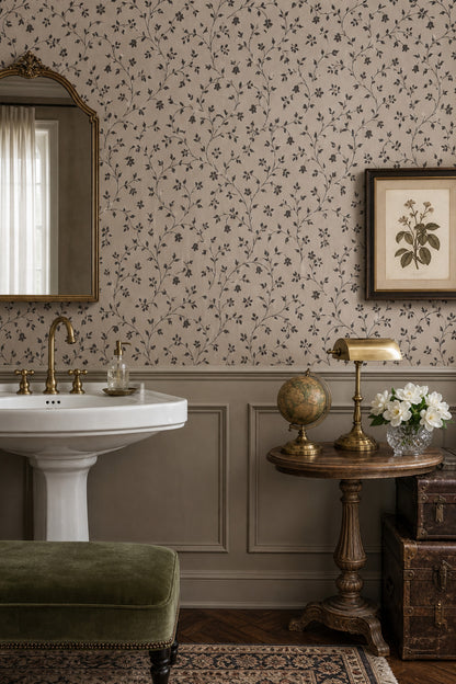 Vine Scroll Floral Wallpaper Dark Beige And Brown Pattern