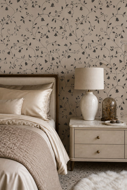 Vine Scroll Floral Wallpaper Dark Beige And Brown Pattern
