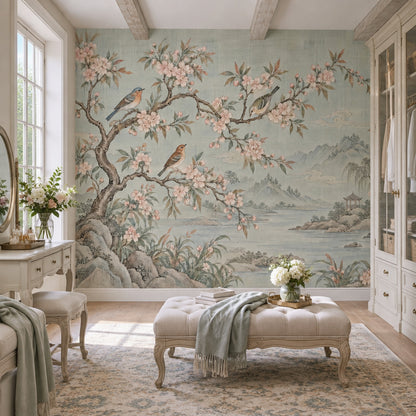 Chinoiserie Blossom Landscape Wallpaper Muted Green Wall Mural