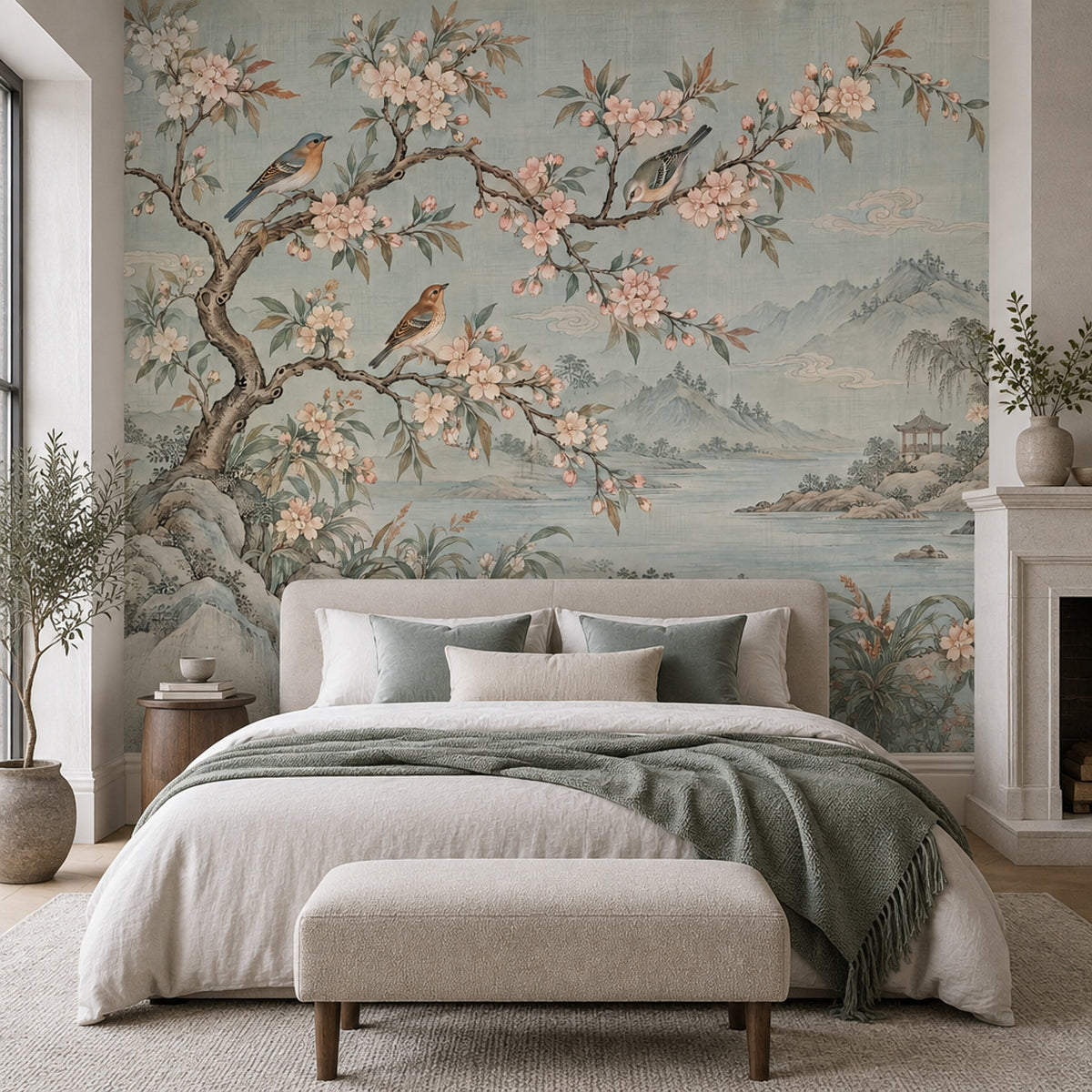 Chinoiserie Blossom Landscape Wallpaper Muted Green Wall Mural