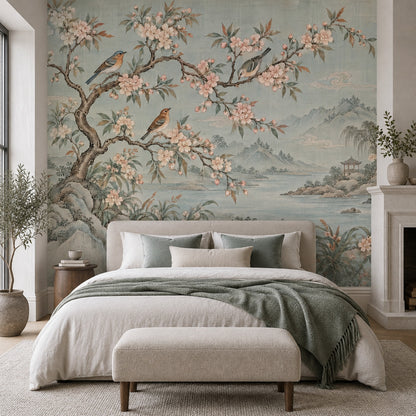Chinoiserie Blossom Landscape Wallpaper Muted Green Wall Mural