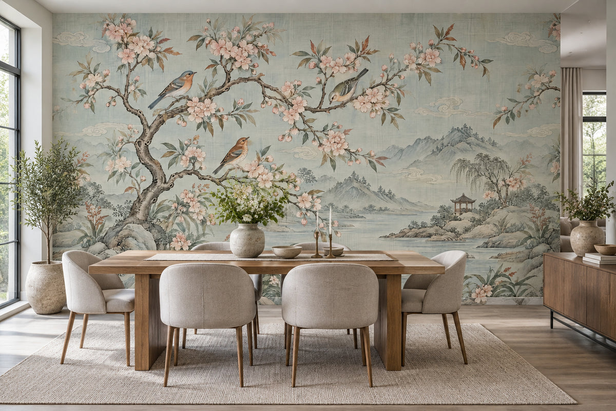 Chinoiserie Blossom Landscape Wallpaper Muted Green Wall Mural