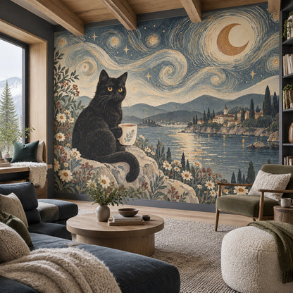 Black Cat Night Seascape Wallpaper Muted Green Wall Mural
