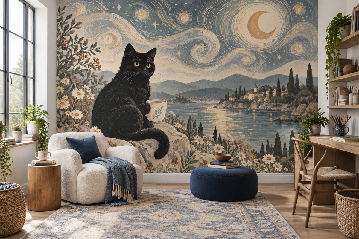 Black Cat Night Seascape Wallpaper Muted Green Wall Mural