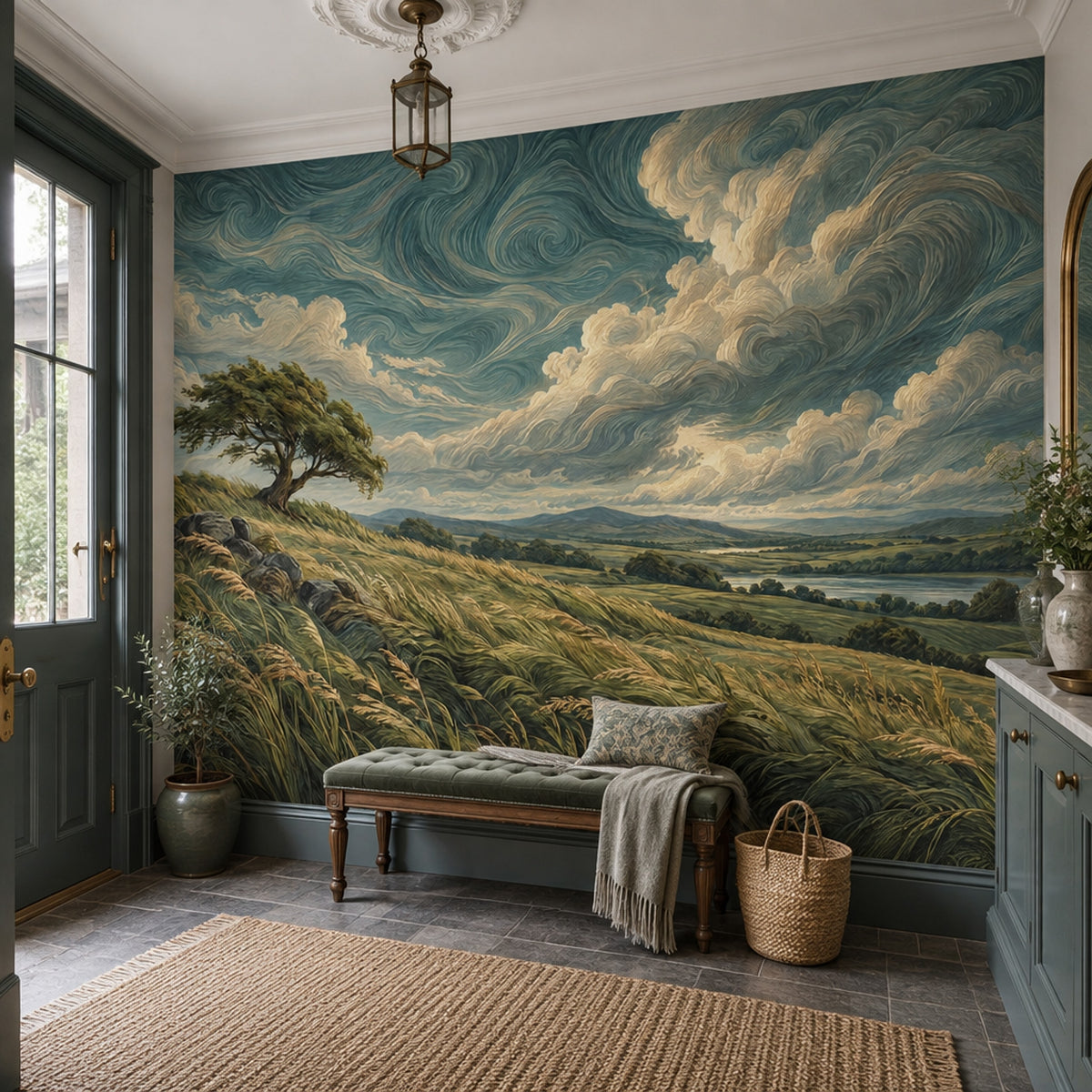Windswept Countryside Landscape Wallpaper Swirling Sky Wall Mural