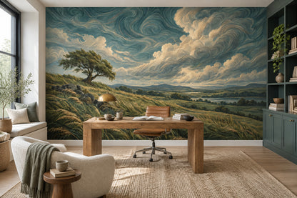 Windswept Countryside Landscape Wallpaper Swirling Sky Wall Mural