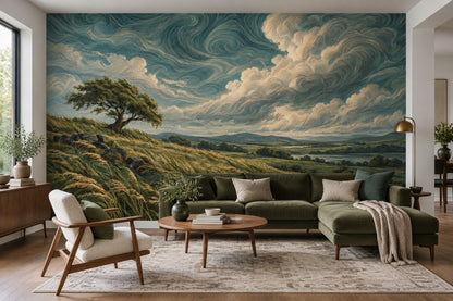 Windswept Countryside Landscape Wallpaper Swirling Sky Wall Mural