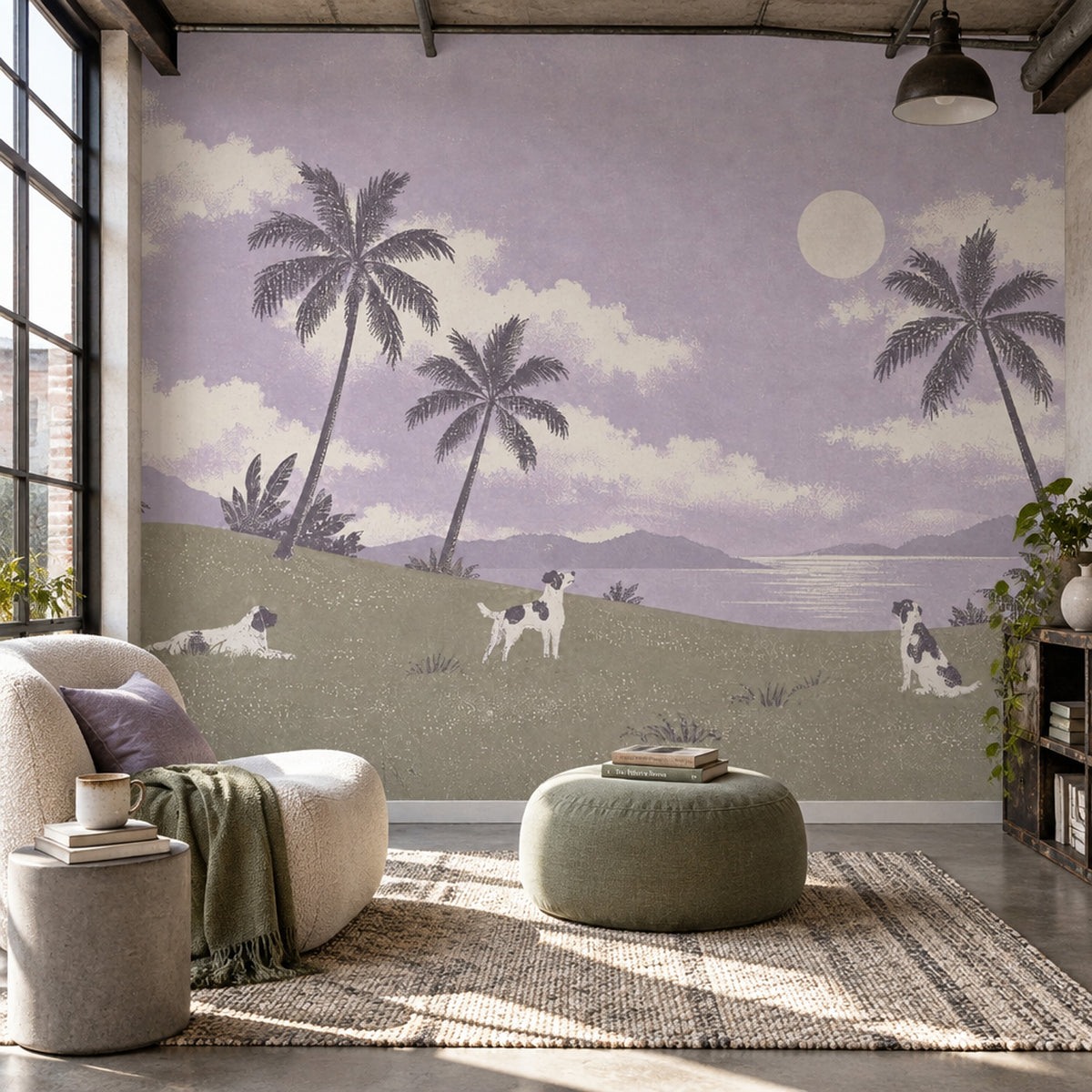 Tropical Landscape Dogs Wallpaper Lavender Sky Wall Mural