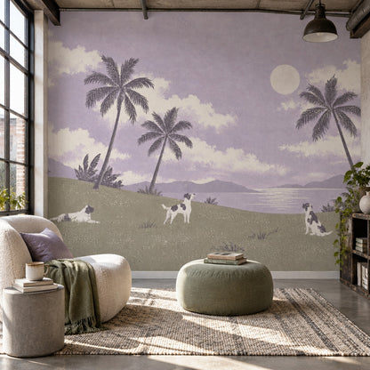 Tropical Landscape Dogs Wallpaper Lavender Sky Wall Mural