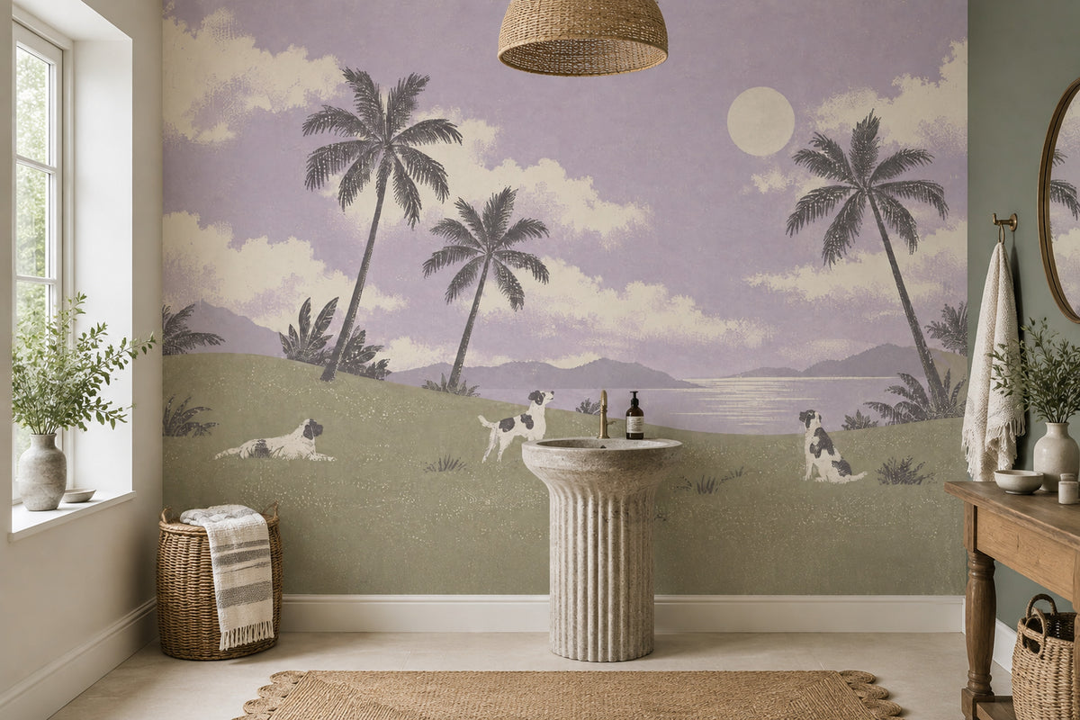 Tropical Landscape Dogs Wallpaper Lavender Sky Wall Mural