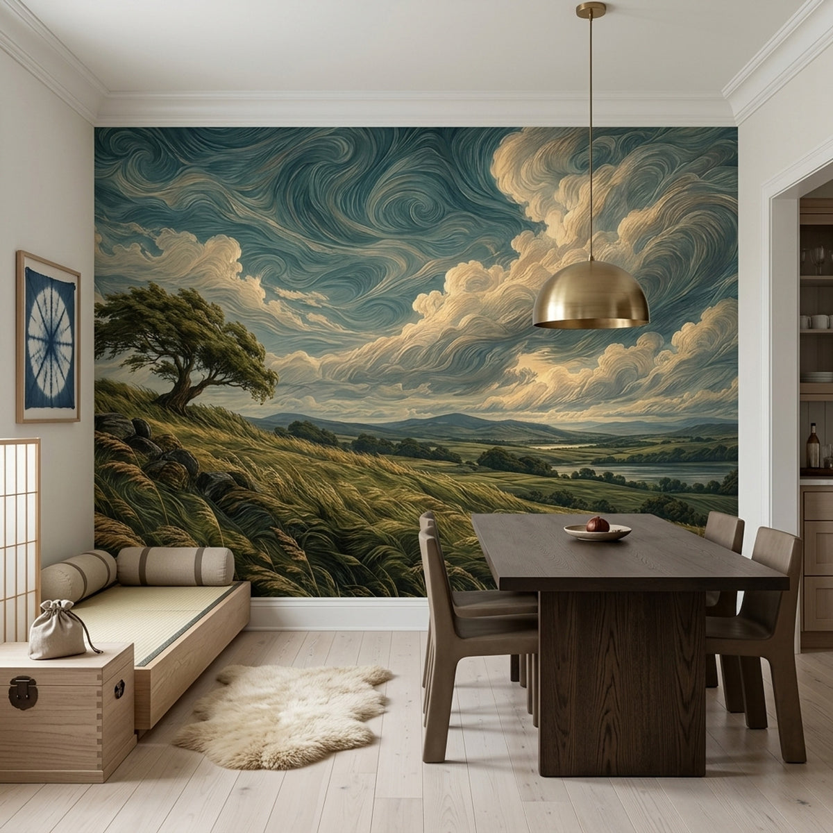 Windswept Countryside Landscape Wallpaper Swirling Sky Wall Mural