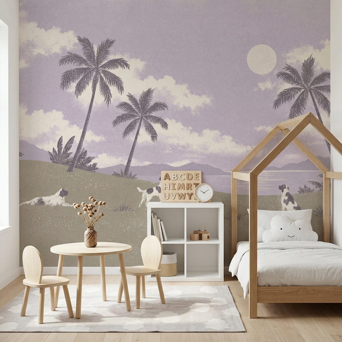 Tropical Landscape Dogs Wallpaper Lavender Sky Wall Mural