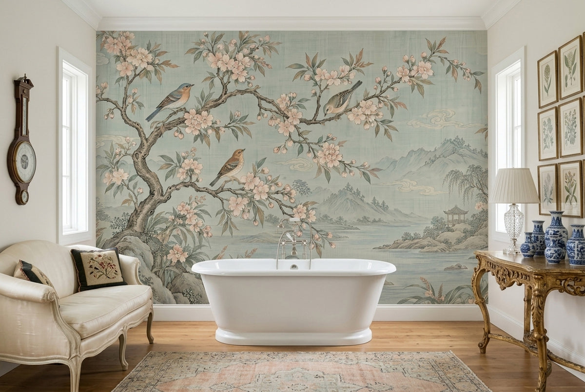 Chinoiserie Blossom Landscape Wallpaper Muted Green Wall Mural