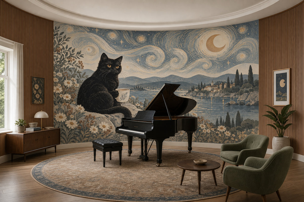 Black Cat Night Seascape Wallpaper Muted Green Wall Mural
