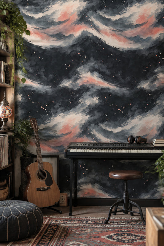Abstract Brushstrokes Wallpaper Charcoal Background With Coral Accents