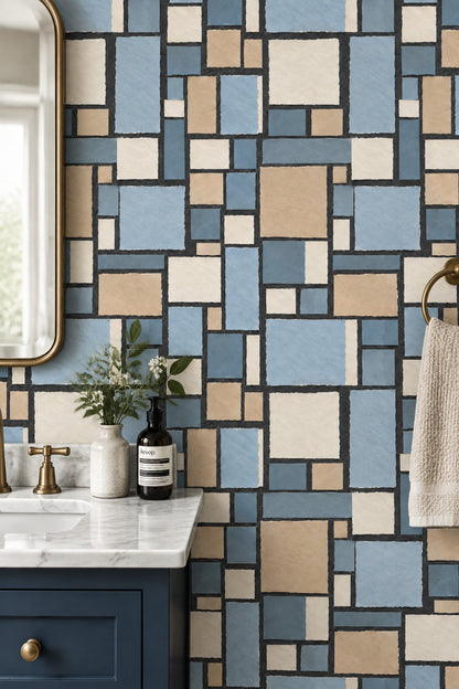 Geometric Block Wallpaper Blue Beige Grid