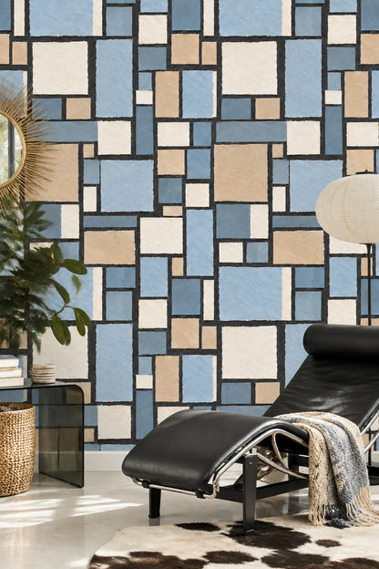 Geometric Block Wallpaper Blue Beige Grid