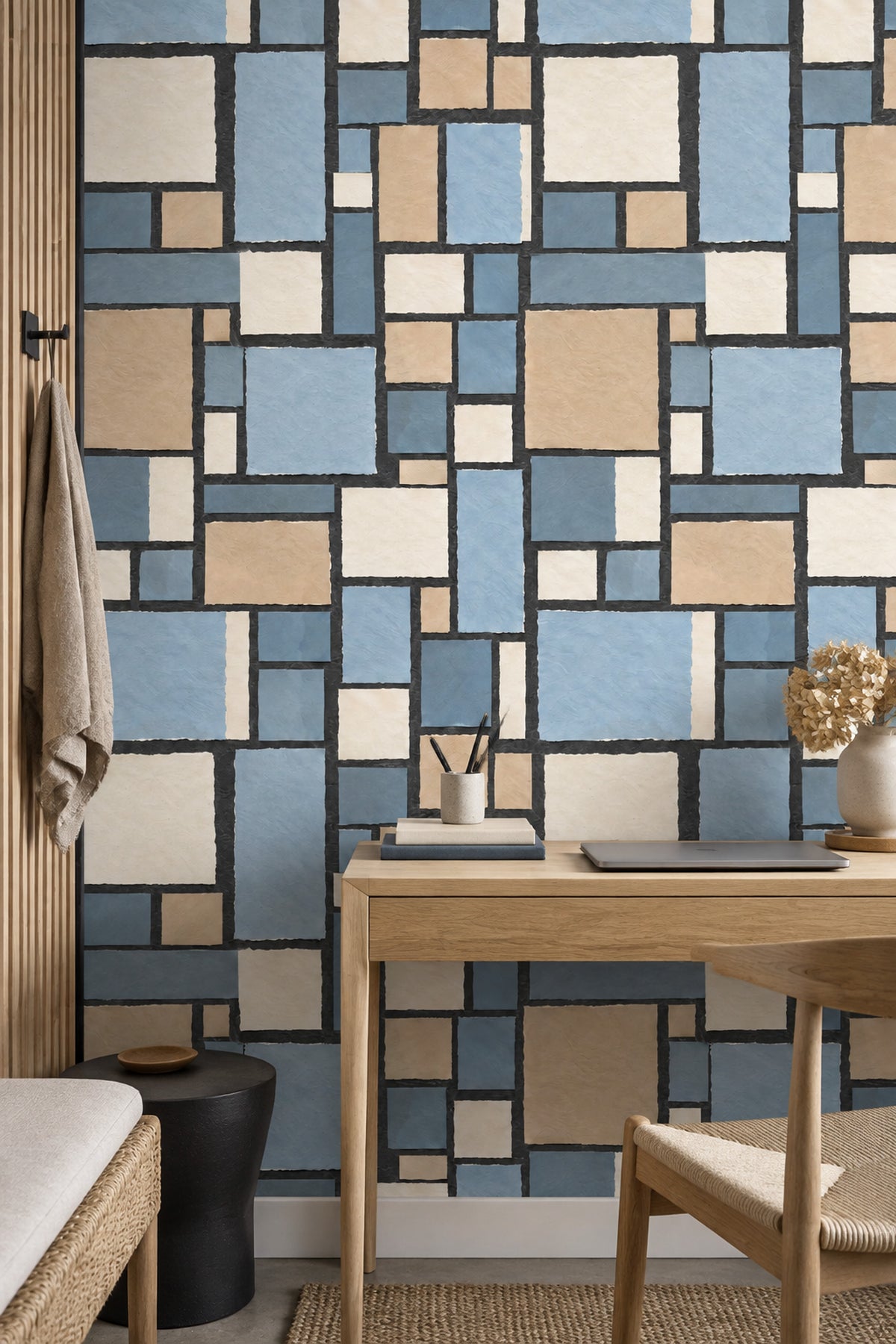 Geometric Block Wallpaper Blue Beige Grid
