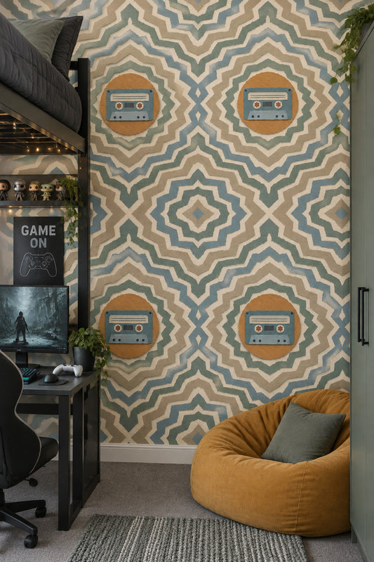 Cassette Player Wallpaper Mid Century Modern Geometric Zigzag In Cream Orange