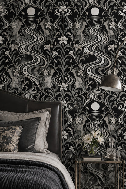 Moonlit River Women Wallpaper Black Silver Art Nouveau Floral