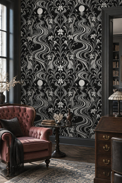 Moonlit River Women Wallpaper Black Silver Art Nouveau Floral