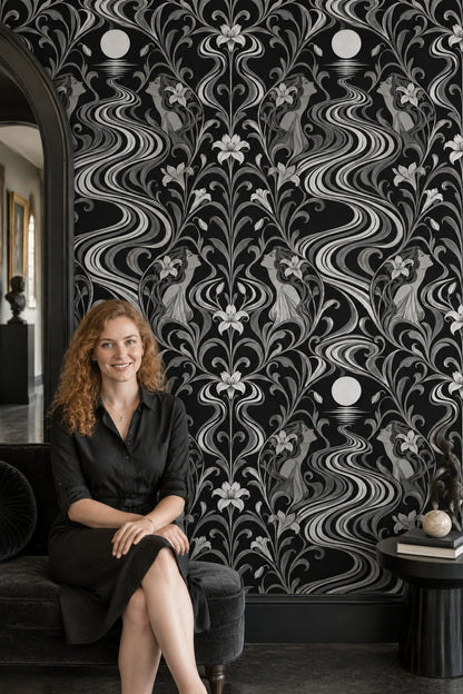 Moonlit River Women Wallpaper Black Silver Art Nouveau Floral