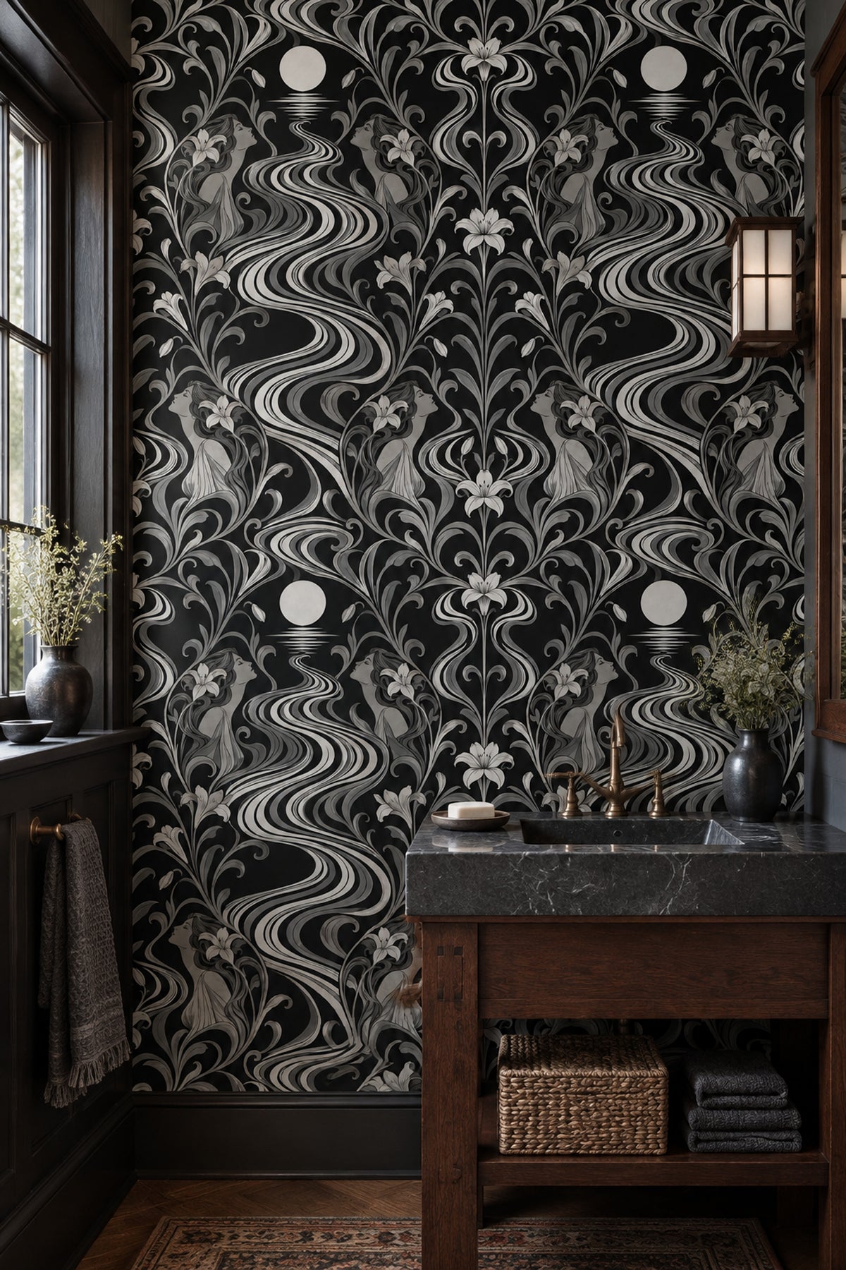 Moonlit River Women Wallpaper Black Silver Art Nouveau Floral