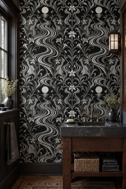 Moonlit River Women Wallpaper Black Silver Art Nouveau Floral