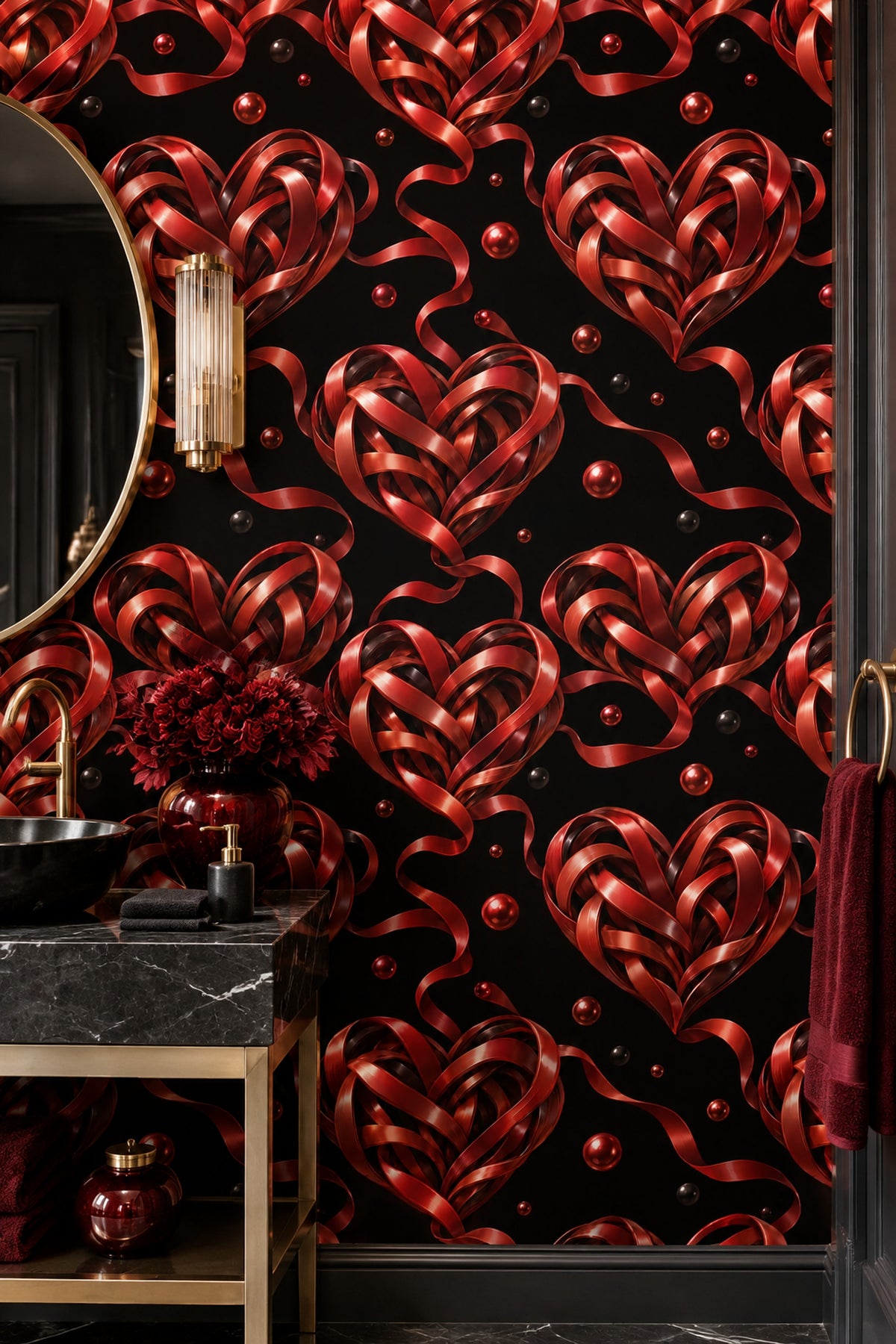 Red Woven Heart Ribbon Wallpaper Black Background